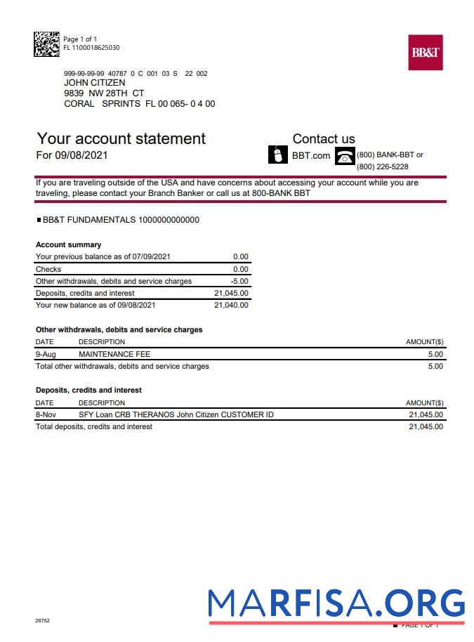 Printable USA North Carolina BB&T Corp. bank account statement excel real example